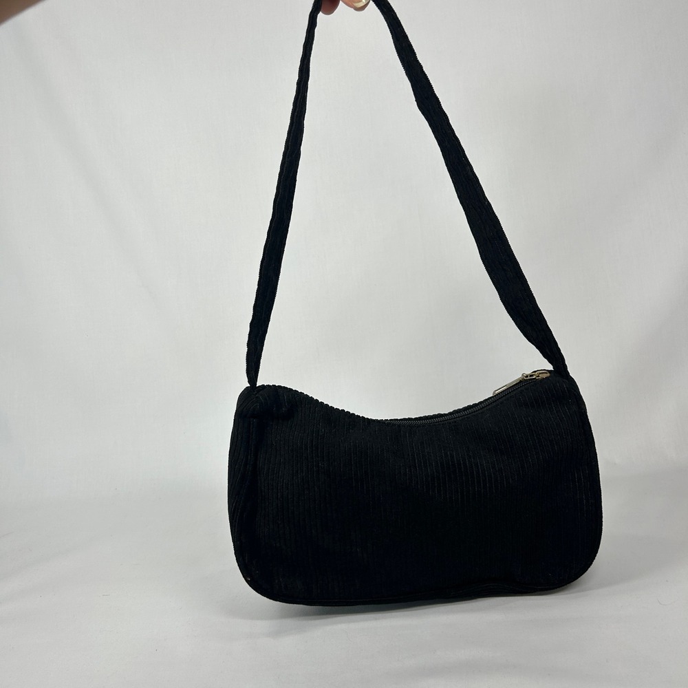 Black Corduroy Y2K Minimalist Shoulder Bag – Zip-Top Mini Handbag